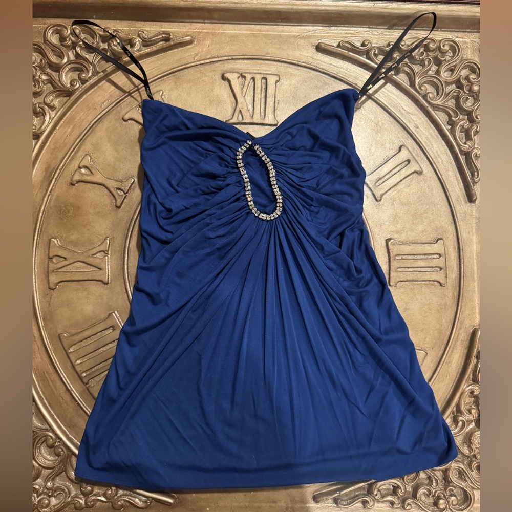 SKY blue ruched top with rhinestone detailing